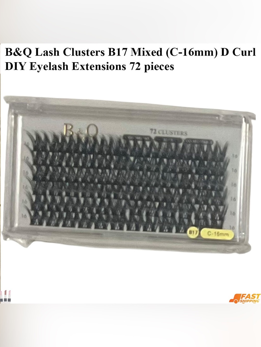 B&Q Black Cluster Eyelash Extensions B17 C-16mm D Curl - 72 Pieces
